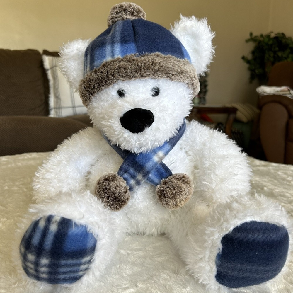 Gentle Treasures St. Jude White Fuzzy Polar Teddy Bear Plush Blue Plaid NWOT